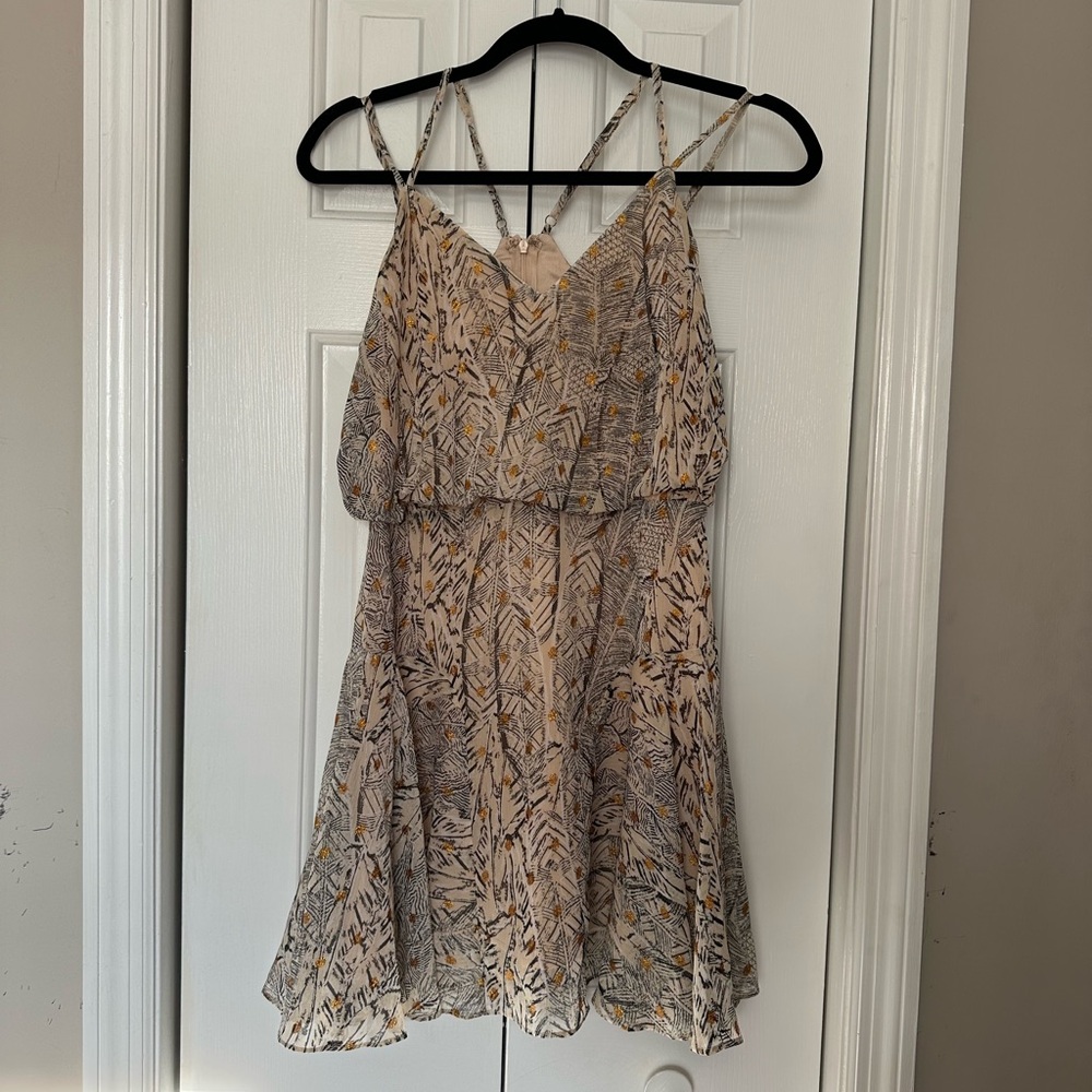 Lulu's Beige, Black, and Gold Patterned Dress